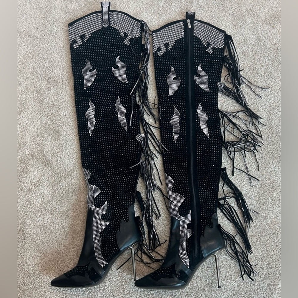 Western Black rhinestone diamants fringe tassel over the knee thigh high boots